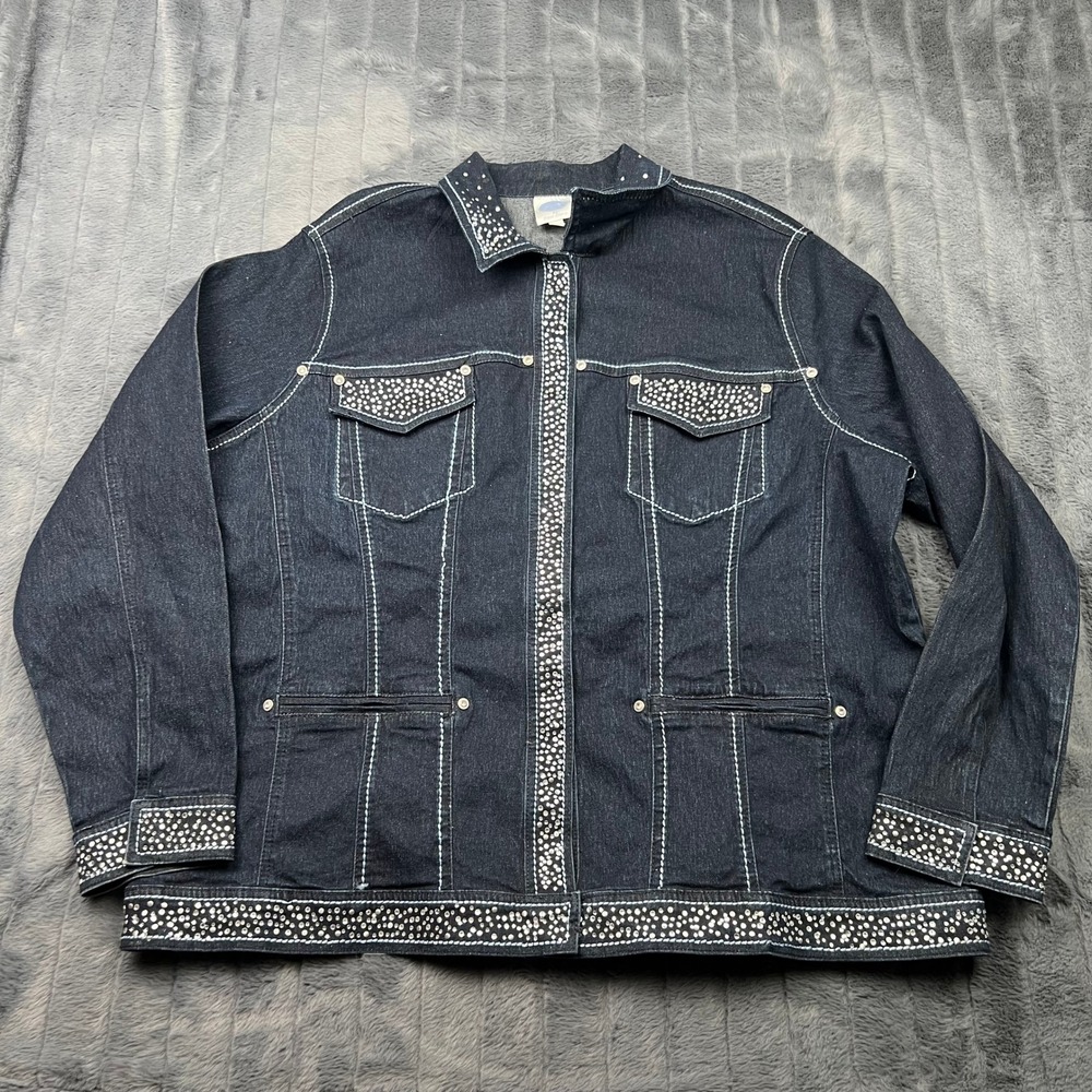 DG2 Diane Gilman Womens 2X Indigo Denim Rhinestone Studded Embellished Jacket